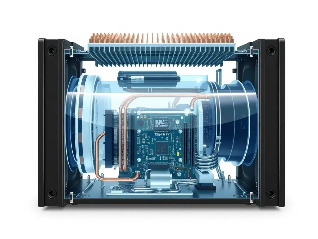 A diagram showcasing the internal components of the ThermaPod™, including the dielectric fluid bath, copper pin-enhanced roof condenser panel, and critical electronic components.