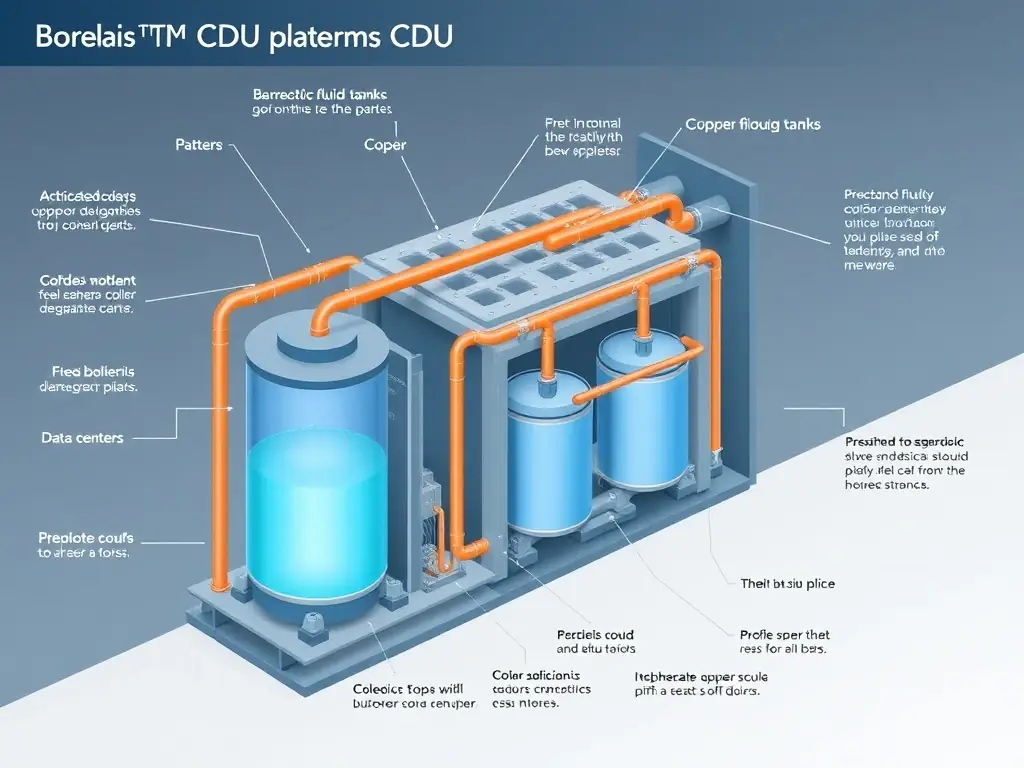 A detailed diagram illustrating the modular design of the Borealis™ CDU platform and its integration within a data center.