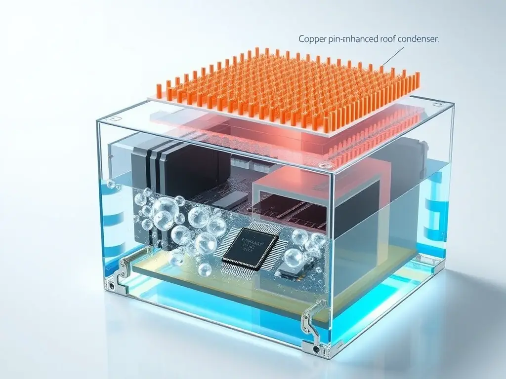 An image illustrating the two-phase boiling process within the ThermaPod™, demonstrating its high-efficiency cooling capabilities and passive, self-regulating operation.