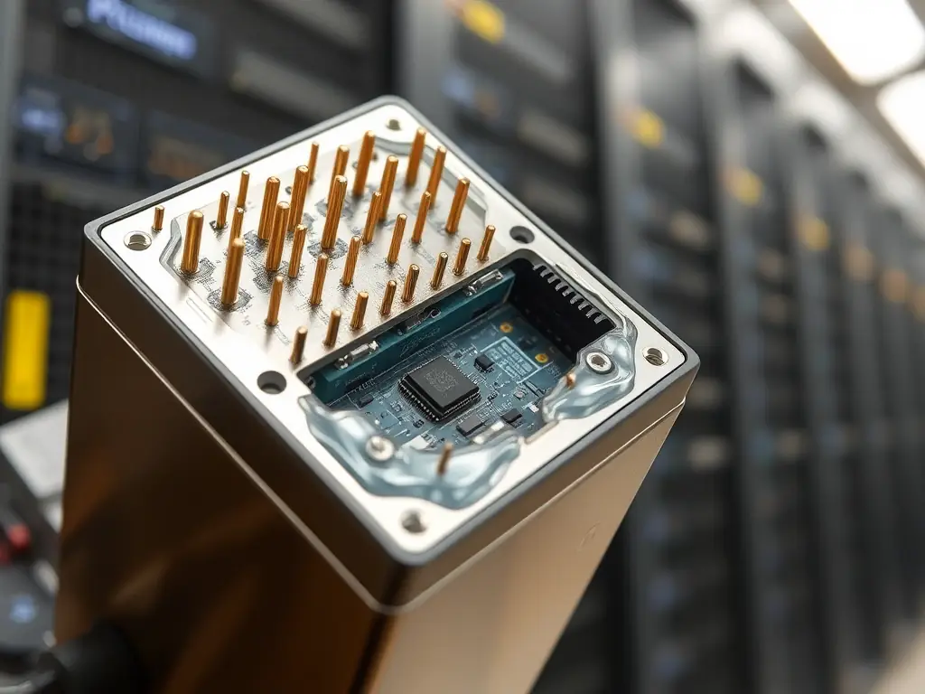 A detailed close-up shot of the ThermaPod™ cassette, highlighting its internal components and the dielectric fluid immersion process, set against a backdrop of a high-performance computing cluster.