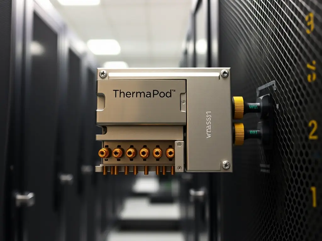 A close-up shot of the ThermaPod™ module, showcasing its compact design and hermetically sealed components within a data center environment.