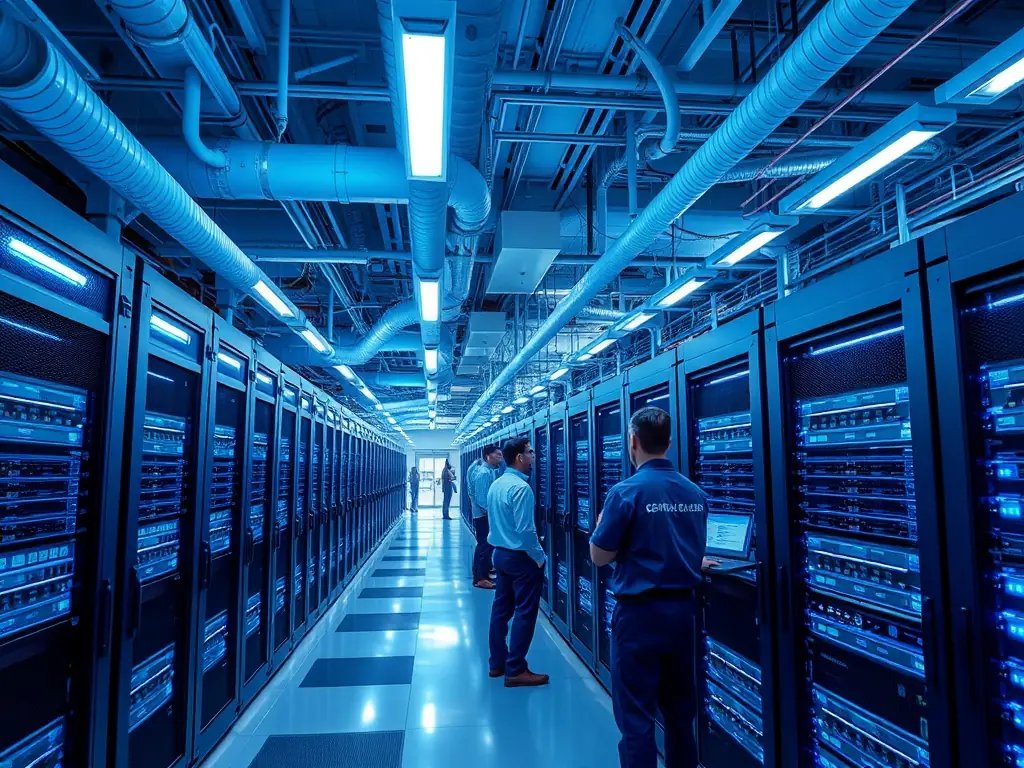 A server rack fully immersed in ThermaPod™ cooling solution, showcasing its application in a data center environment. The image should highlight the compact and efficient design of the system.